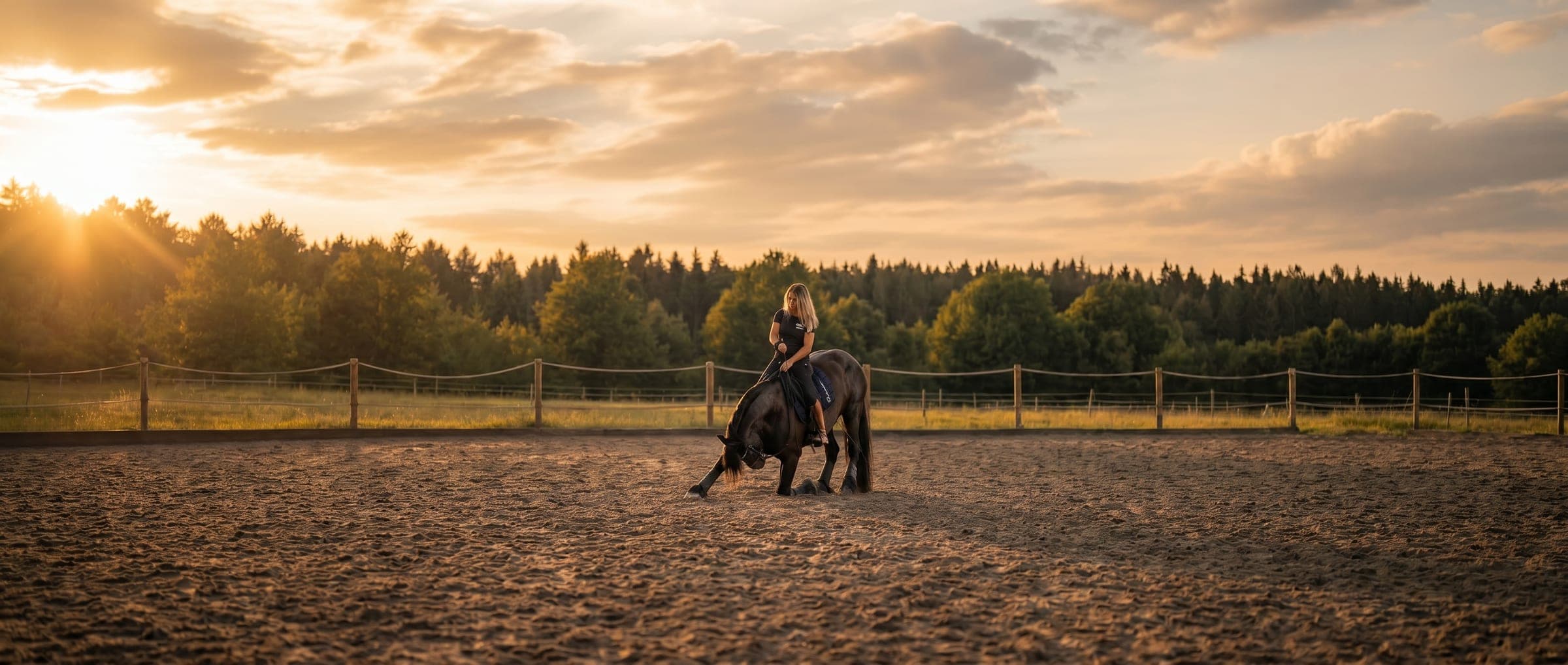 Angélique Jollivet et son cheval en révérence au coucher du soleil